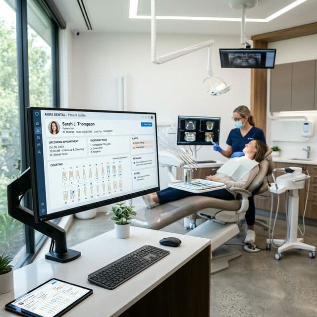 A dentist with a patient, with the clinic's records open in DentiSoft